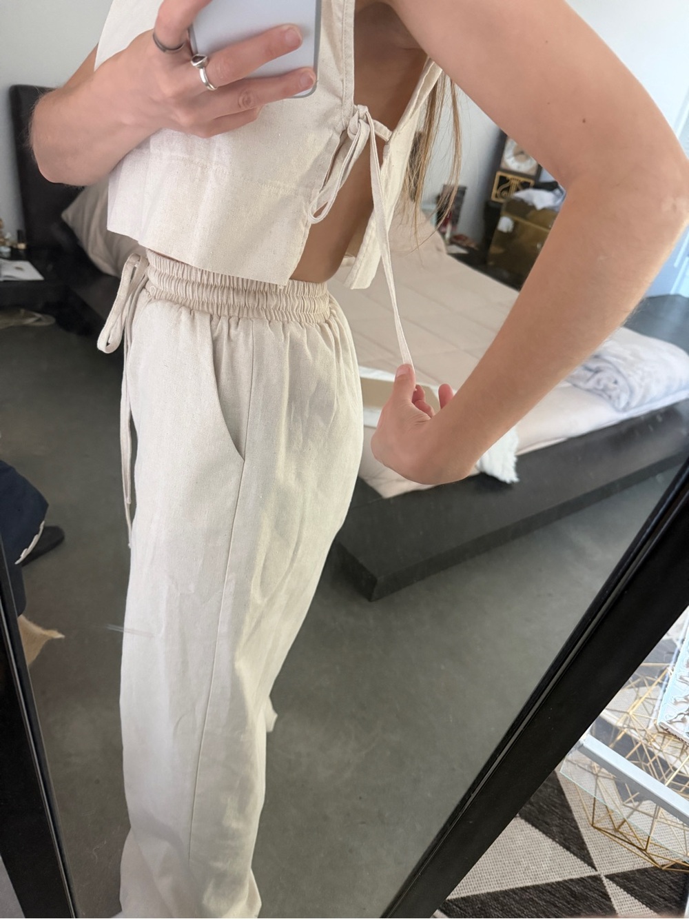 Cream linen Wide-Leg Drawstring Pants — Relaxed High-Rise - Picture 5 of 7